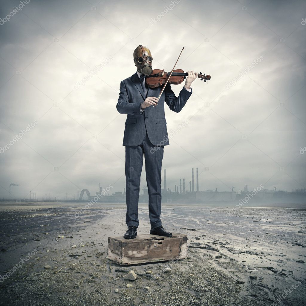 Businessman with gas mask, plays the violin
