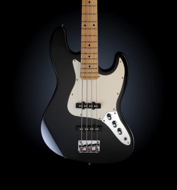 Close up of a black electric bass glossy on dark background clipart