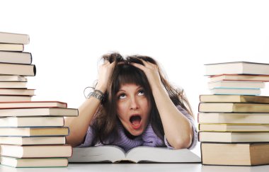 Stressed out girl with a big stack of books, similar pictures on clipart