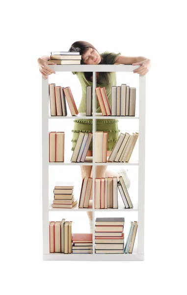 Студентка с книгами, белый фон — стоковое фото