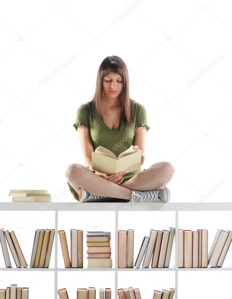 Female Student Portrait, read a book on library. Similar photo o