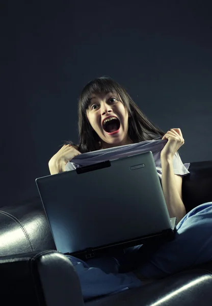 Female student with a laptop cheering in success, similar pictur — Stock Photo, Image