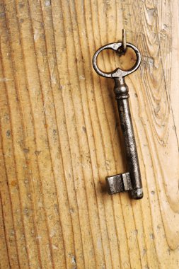 Old key on a wooden background clipart