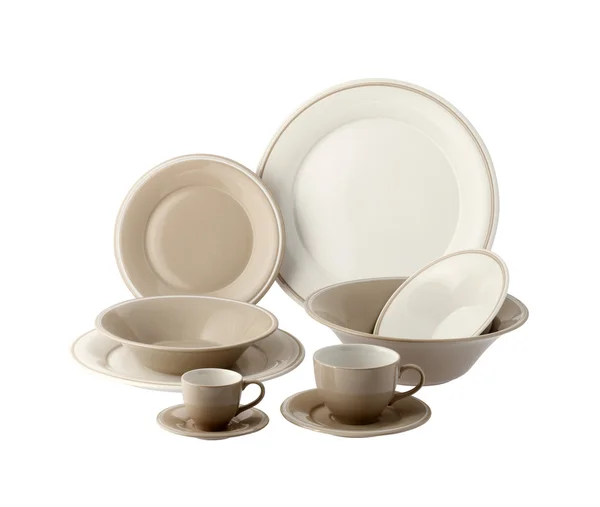 Set of colored Porcelain dishes, isolated on white background — Stock Photo, Image