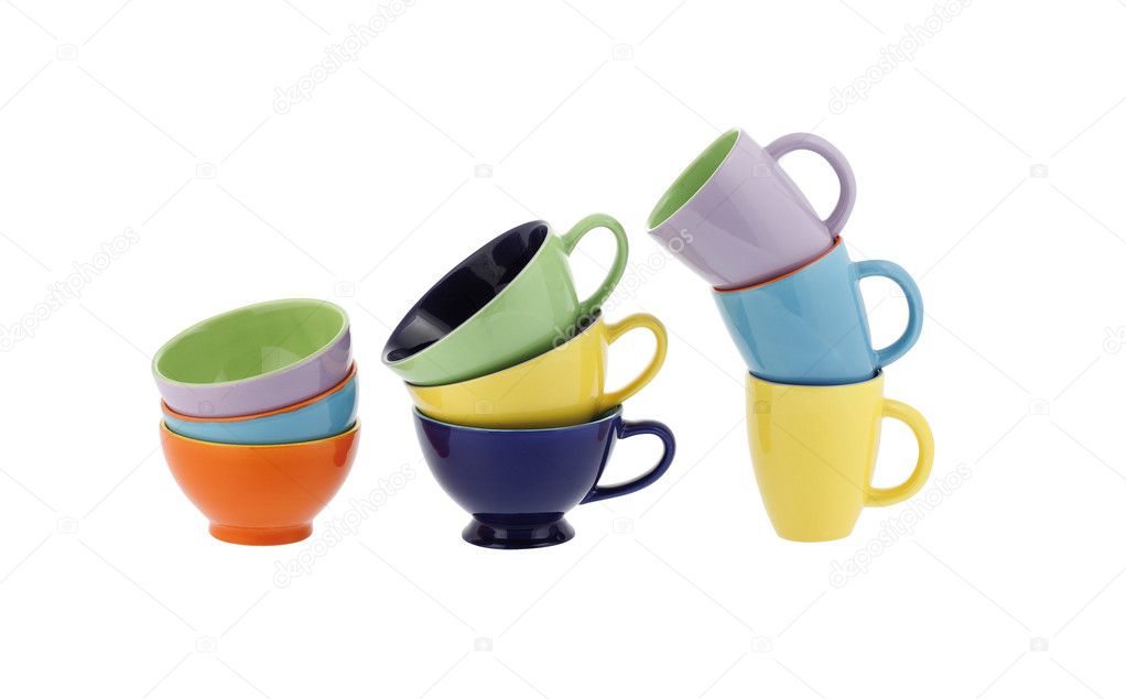 Cup colored porcelain tea set, isolated on white background
