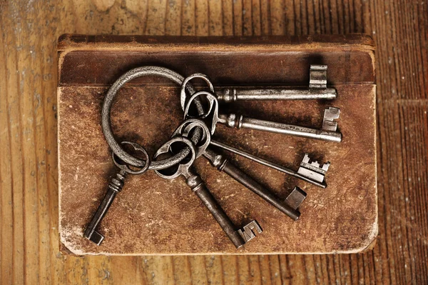 Vecchie chiavi su un vecchio libro, sfondo in legno antico — Foto Stock