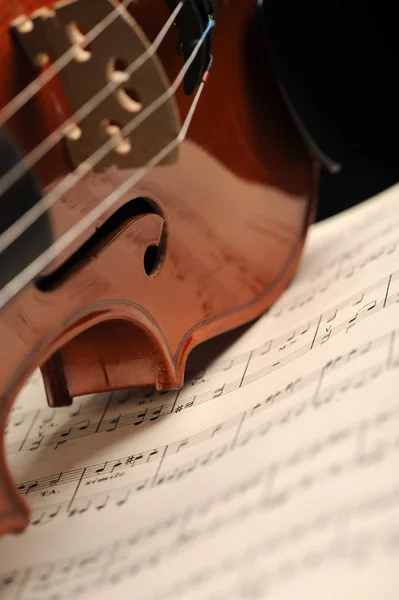 Elegante Aufnahme einer Geige auf einem Notenblatt — Stockfoto