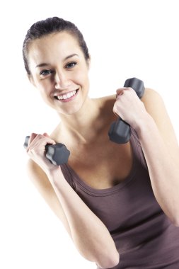 kadın fitness üzerinde beyaz izole dumbbells ile