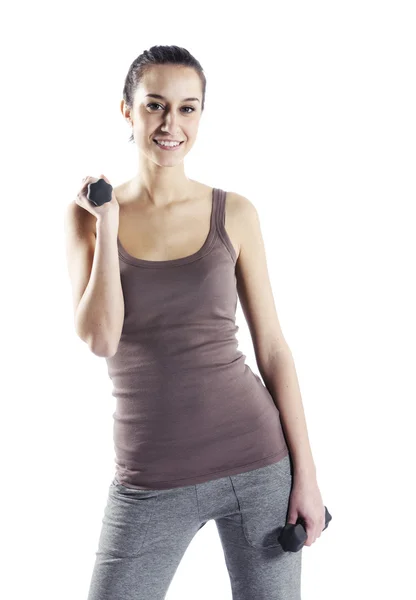 Kadın fitness üzerinde beyaz izole dumbbells ile — Stok fotoğraf