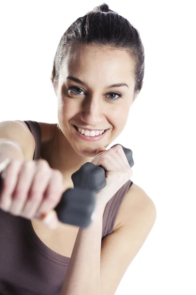Žena fitness centrum s činkami izolovaných na bílém — Stock fotografie