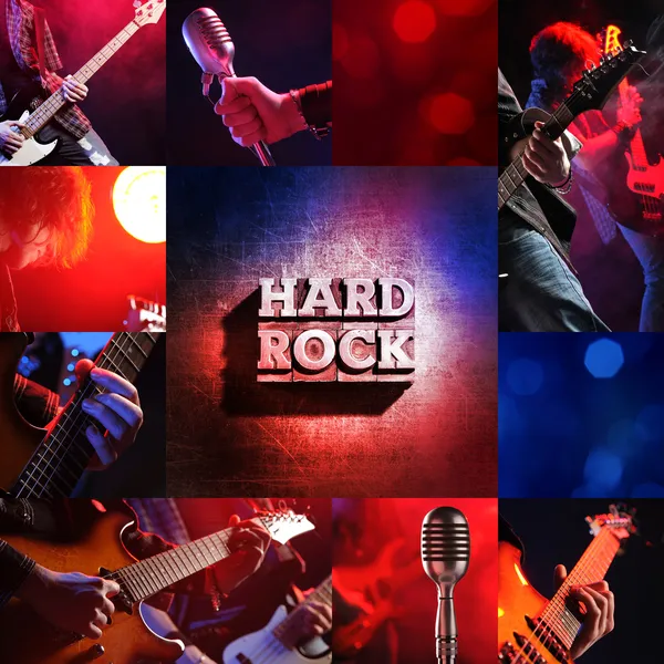 ロックのライブ コンサートのコラージュ、ギタリストおよびコントラバス奏者 — ストック写真