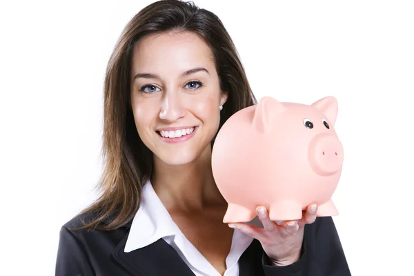 Close-up van jonge vrouw met piggy bank tegen witte backgro — Stockfoto