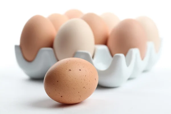 Κεραμικό αυγό κάτοχος με ένα καφέ κοτόπουλο αυγά — Φωτογραφία Αρχείου