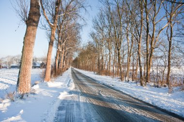 Slippery road in frozen Dutch farmland clipart