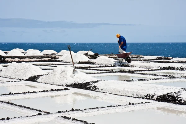 Worker at salt extraction La Palma — Stock Photo, Image