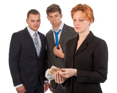 Female business woman is counting money with curious male collea clipart