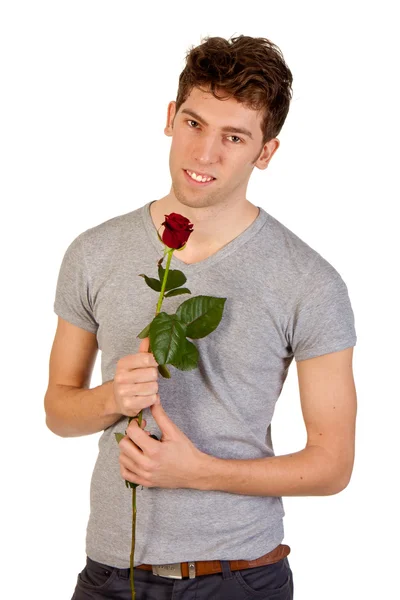 Man met een roos - geïsoleerd op wit — Stockfoto
