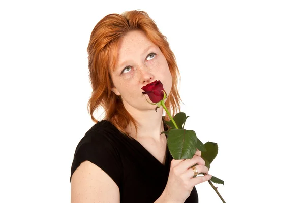 Junge kaukasische verliebte Frau weiß ein rotes Rosell — Stockfoto
