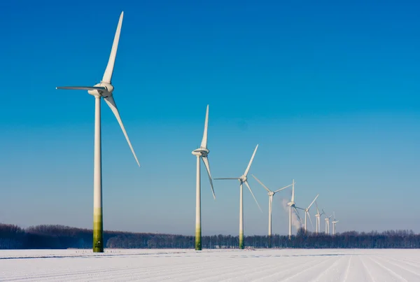 Сельский зимний пейзаж в Нидерландах с большими ветряными турбинами — стоковое фото