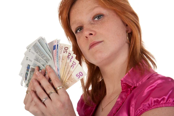 Beyaz izole para ile güzel bir genç kadının portresi — Stok fotoğraf