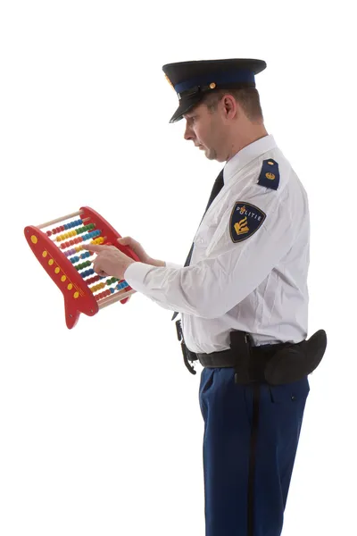 Dutch police officer is counting with abacus over white backgrou — Stock Photo, Image