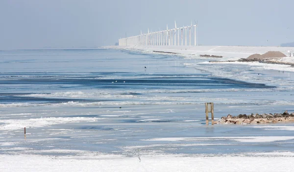 Paisaje marino holandés de invierno con gran granja de aerogeneradores —  Fotos de Stock