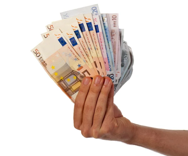 Mão com dinheiro isolado no fundo branco — Fotografia de Stock