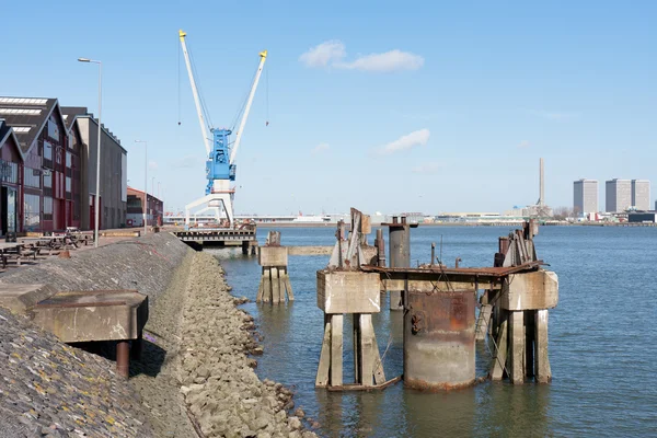 Quayside com edifícios de fábrica e guindaste no porto de Rotte — Fotografia de Stock