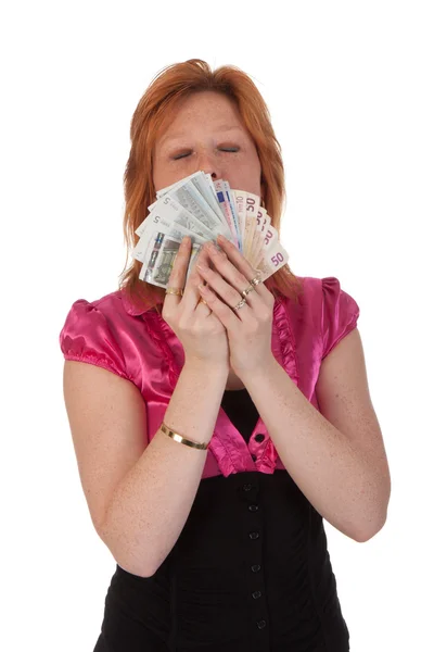 Mulher bonita com dinheiro isolado no fundo branco — Fotografia de Stock