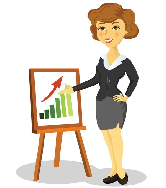 Mujer joven en un traje de negocios que muestra un gráfico de finanzas exitosas — Vector de stock