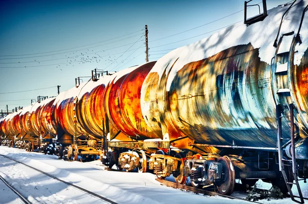 Train with fuel petrol tanks on the railway — Stock Photo, Image