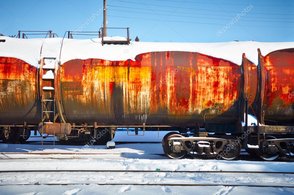 Train with fuel petrol tanks on the railway
