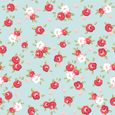 English Rose, Seamless wallpaper pattern with pink roses on blue background clipart