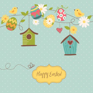 Beautiful Spring backgroun with bird houses, birds, eggs and flowers clipart