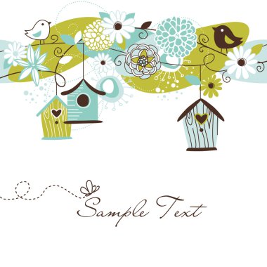 Beautiful Spring background with bird houses, birds and flowers clipart