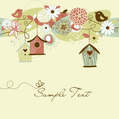 Beautiful Spring background with bird houses, birds and flowers clipart