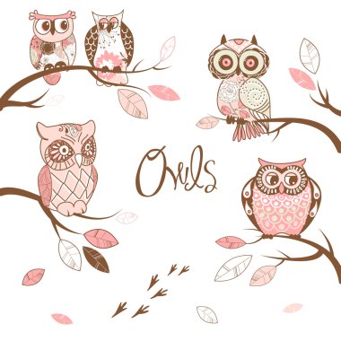 Owls, trendy card with owls sitting on the brunches clipart