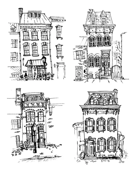 Conjunto de velhas casas desenhadas à mão — Vetor de Stock