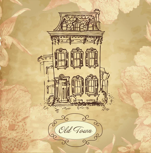 Tarjeta de casa dibujada a mano vintage con marco y hermoso fondo de flores — Vector de stock