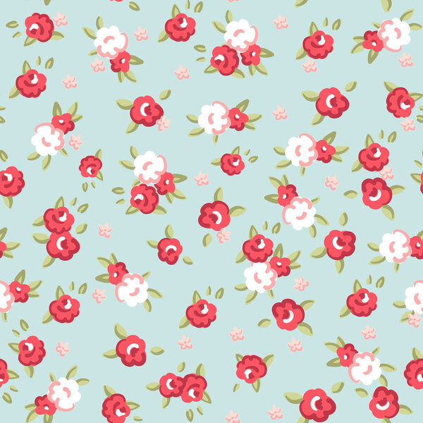 English Rose, Seamless wallpaper pattern with pink roses on blue background