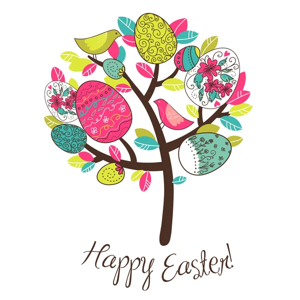 Cartão de Páscoa com árvore, ovos e pássaros — Vetor de Stock