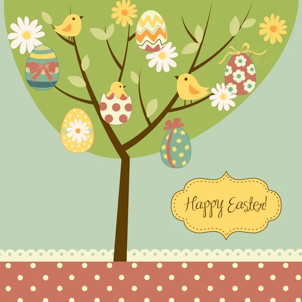 Cartão de Páscoa retro com uma árvore, ovos pintados, cicks, flores e outros elementos bonitos — Vetor de Stock