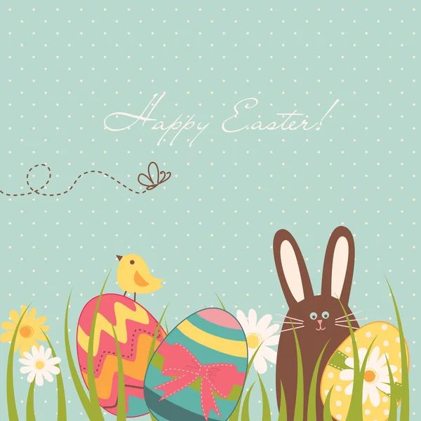 Pasen achtergrond met schattige chocolade konijn, kleurrijke eieren en een kuiken — Stockvector