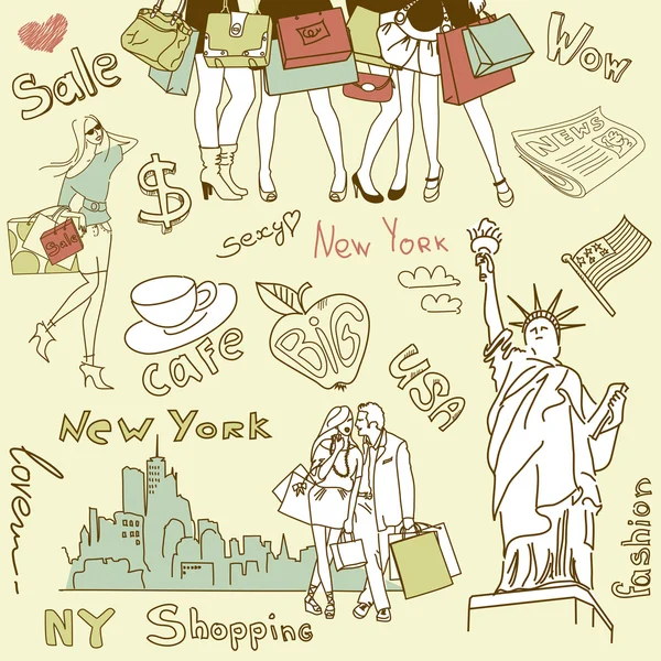 Nakupování v New Yorku čmáranice — Stockový vektor