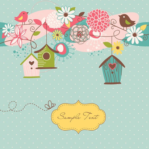 Beautiful Spring background with bird houses, birds and flowers