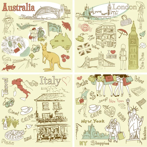 Italy, England, Australia, USA - four wonderful collections of hand drawn doodles — Stock Vector