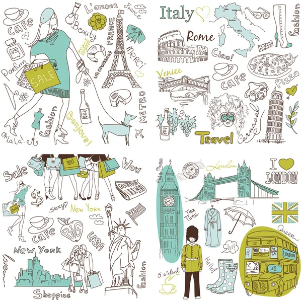 Italien, England, Frankreich, USA - vier wunderbare Kollektionen handgezeichneter Doodles — Stockvektor
