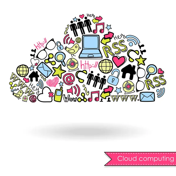 Cloud computing et concept de médias sociaux. Mignon gribouillis dessinés à la main — Image vectorielle