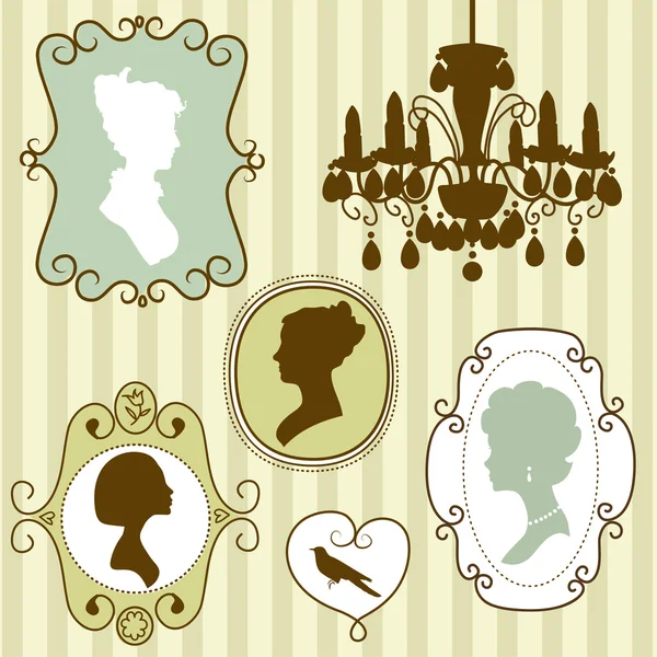 Cute vintage frames with ladies silhouettes — Stock Vector
