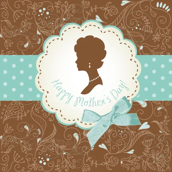Biglietto per la festa della mamma. Cornici vintage carino con silhouette da donna — Vettoriale Stock